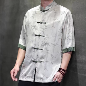 新款唐装印花男中年丝绸夏装中式衣服爸爸冰丝短袖上衣衬衫