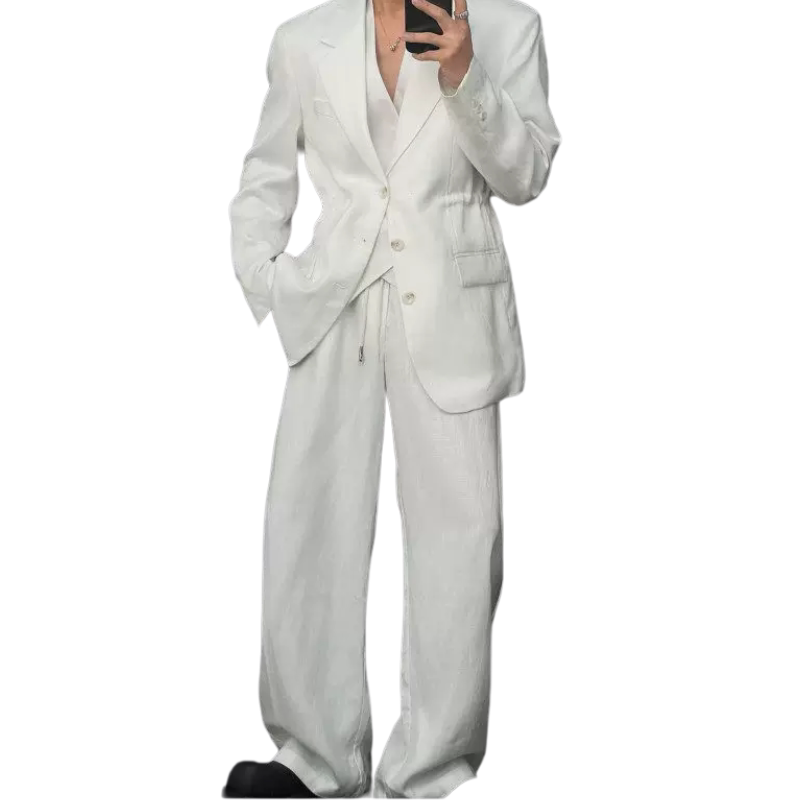 春夏老钱风亚麻休闲男宽松高级感极简西服外套装马甲宽松西裤套装