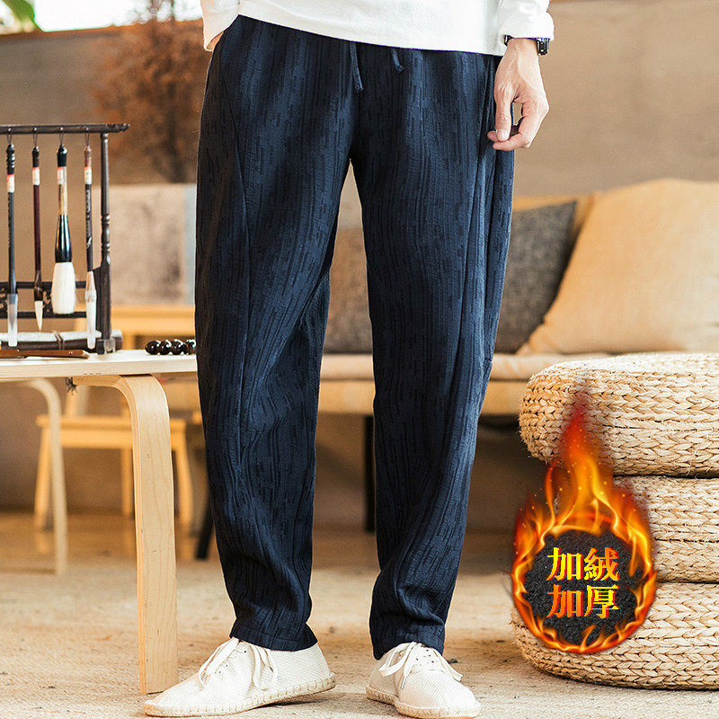 冬季新款男装 中国风休闲宽松宽松加绒时尚加厚摇粒绒棉麻休闲裤