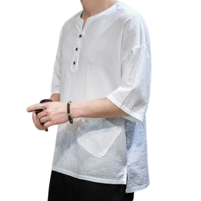 V领条纹青年亚麻上衣短袖t恤衬衫男夏季宽松五分袖新中式棉麻衬衣