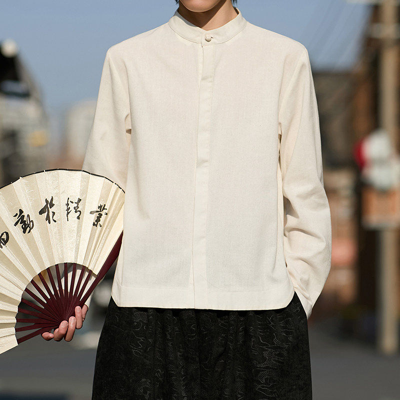 新中式国风立领长袖衬衫男士春秋夏季上衣潮流高级感亚麻半袖衬衣