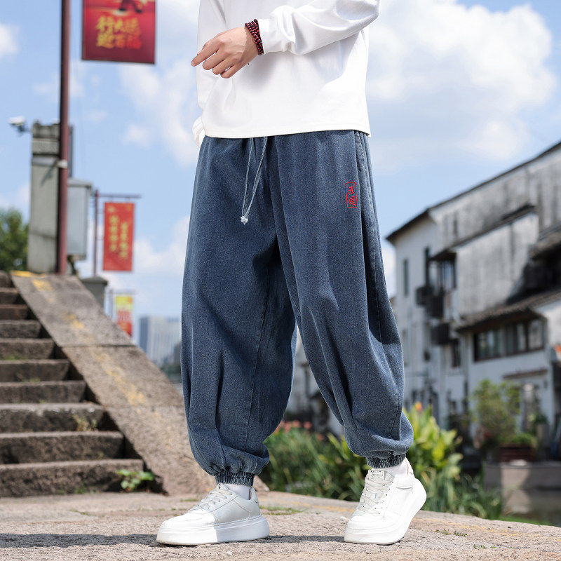 中国风复古束脚牛仔裤男宽松大码春秋港风休闲九分裤刺绣哈伦裤