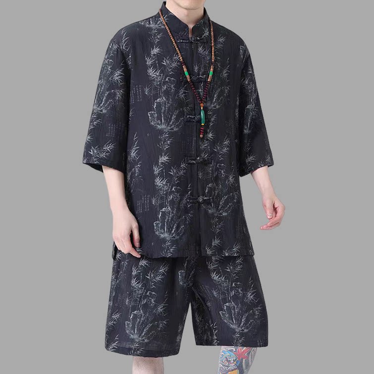 冰丝运动套装男士夏季国风短袖衬衫搭配短裤休闲一套男大码