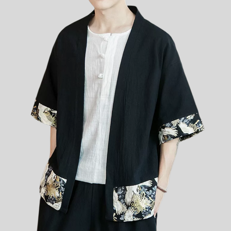 汉服棉麻开衫男5五分袖居士披风亚麻道袍防晒风衣中国风和服外套