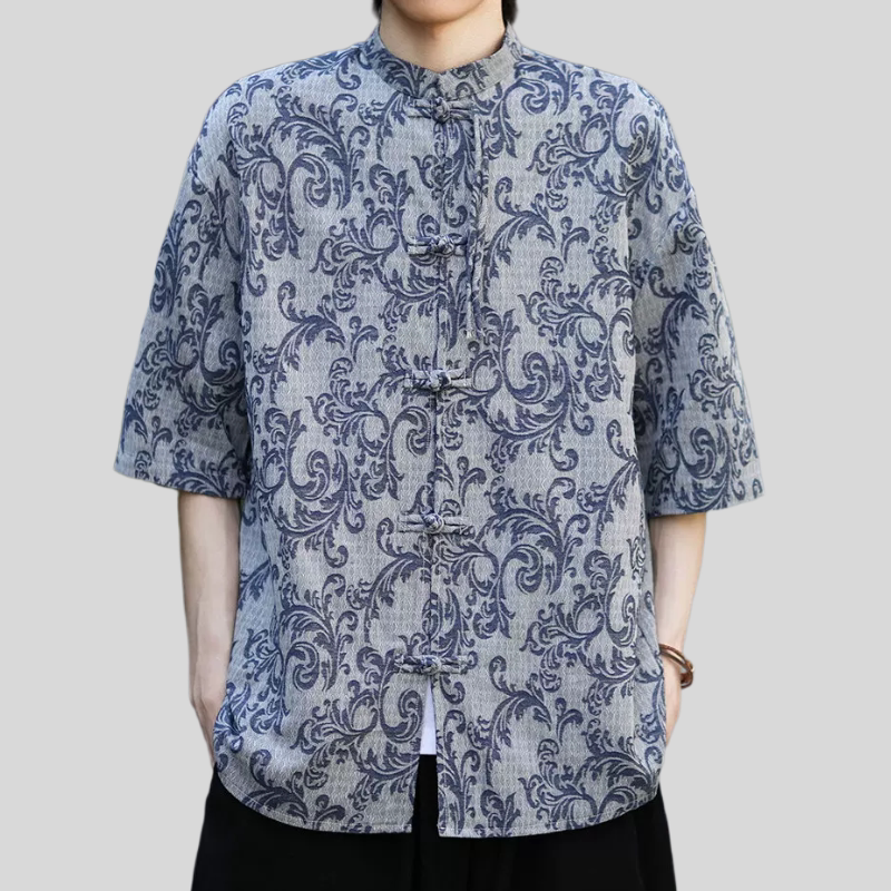 棉麻短袖衬衫夏季新中式国潮印花汉服休闲立领衬衣复古唐装男亚麻