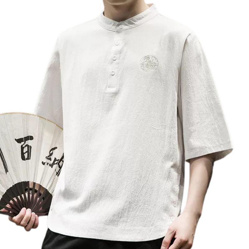 亚麻短袖t恤男夏薄棉麻短袖上衣服衬衫男士立领宽松休闲衬衣白色