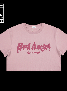BadAngel立体发泡字母印花短款棉质暗粉色短袖T