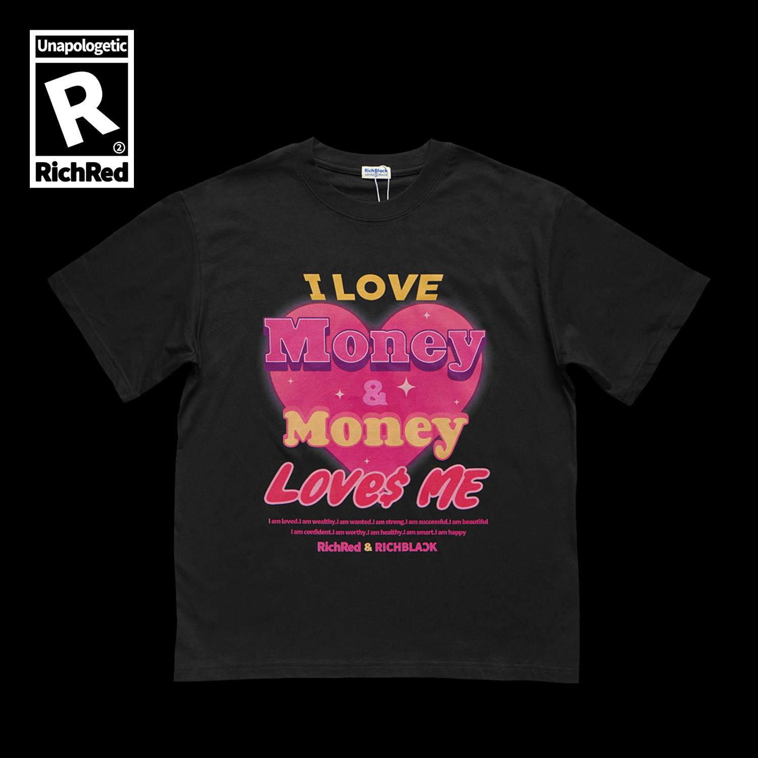 RichRed字母印花MoneyLovesMe黑色Tee男女同款T恤230G棉双纱