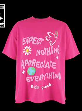 原创字母花朵地球图案发泡印花OVERSIZE宽松玫红色棉T恤