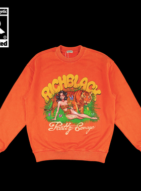 原创美人虎印花水洗做旧圆领毛圈卫衣420G棉