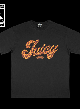 原创JUICY豹纹字母发泡印花宽松版型短袖黑色T恤200G