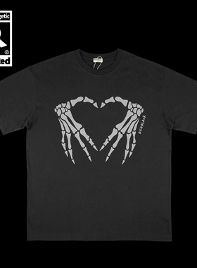 暗黑骷髅手骨发泡印花宽松版型短袖黑色T恤200G