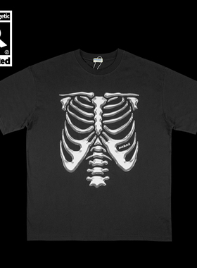 原创金属感骷髅骨架印花宽松版型短袖黑色T恤200G