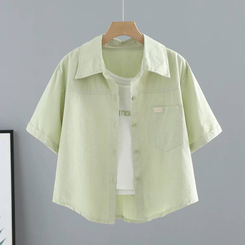 小个子短款外搭2026春夏季新款夏天糖果色短袖衬衫洗水棉短外套女