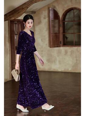 紫色大合唱团演出服女成人诗歌朗诵长裙红歌比赛宴会晚礼服主持