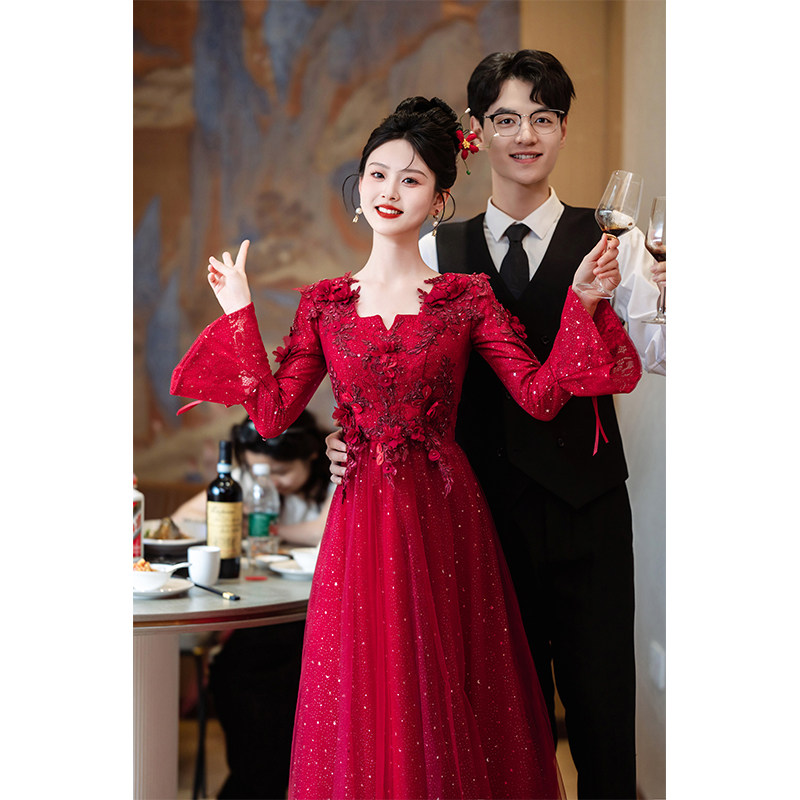 酒红色敬酒服新娘结婚孕妇高级感订婚连衣裙小个子晚礼服裙女长袖,女装/女士精品,礼服/晚装,淘宝优惠券,粉丝福利购,淘宝优惠卷
