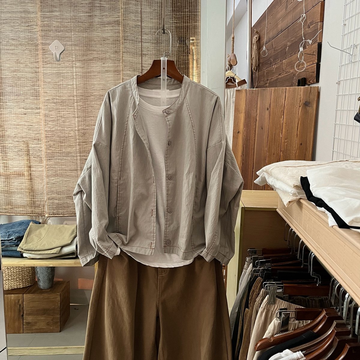 春秋款长袖圆领水洗棉明线短外套女宽松韩版减龄短夹克上衣开衫薄