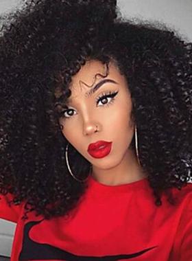 黑色 前蕾丝 小卷高温丝 非洲 女性 假发 afro wig 定做长度 颜色