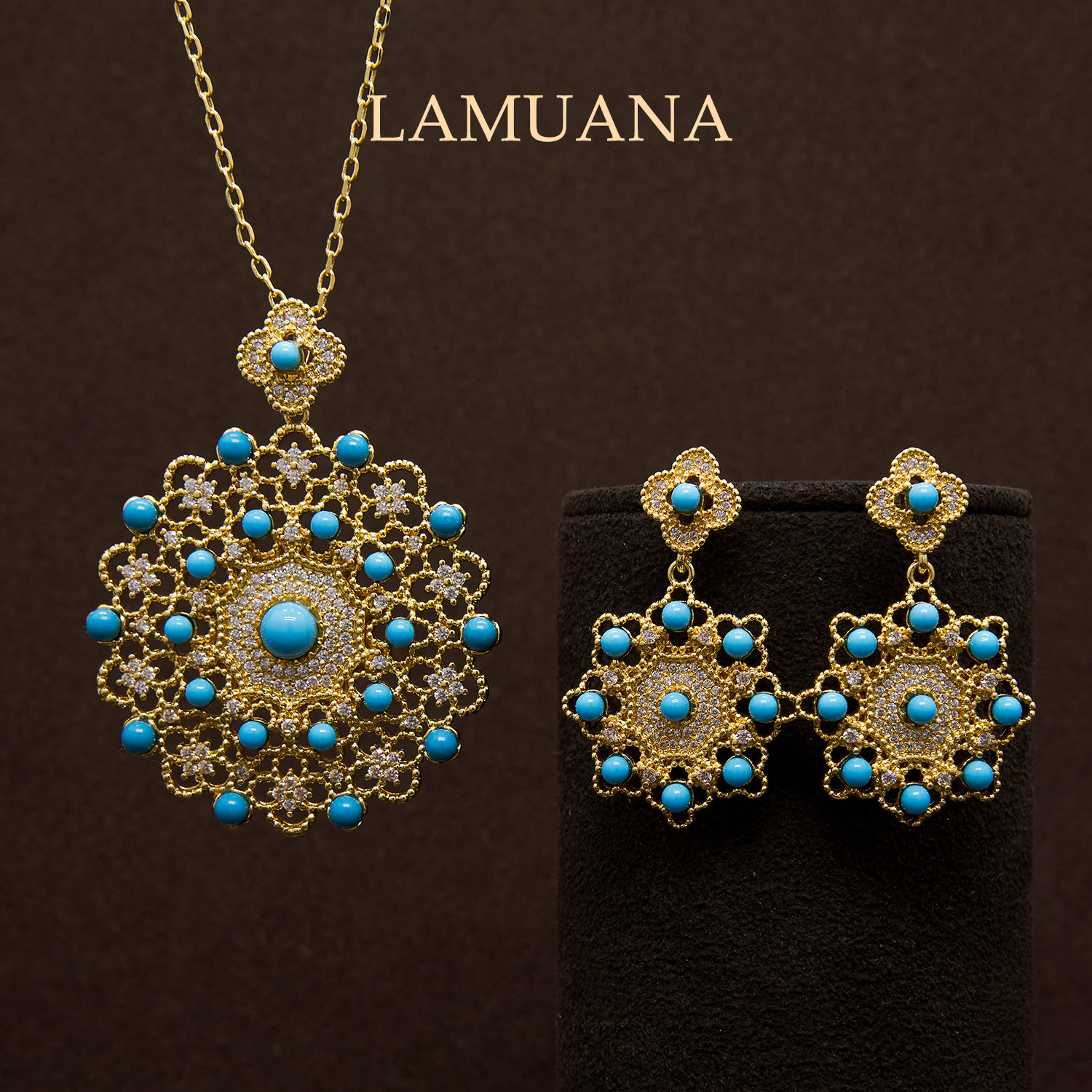 LAMUANA夏日绿松雪花系列复古奢华感蕾丝人工松石项链颈链耳钉