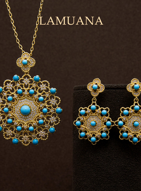 LAMUANA夏日绿松雪花系列复古奢华感蕾丝人工松石项链颈链耳钉