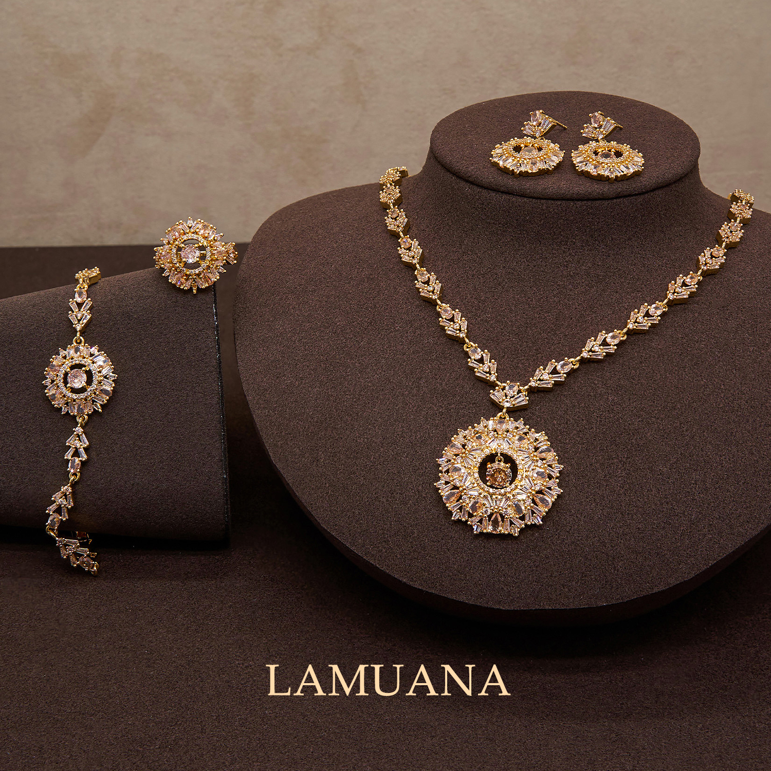 LAMUANA钻芯金雪花系列复古精致奢华感长款项链耳钉手链戒指套装