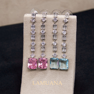 LAMUANA许妍同款 流苏满气质礼物 福利粉蓝方糖耳钉小众设计感长款