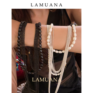 LAMUANA天然珍珠拼多小米彩珠项链小众长毛衣链颈链多种佩戴方式