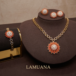 LAMUANA橘焰花火系列高级设计感橘调红色满钻項鍊耳釘戒指手链