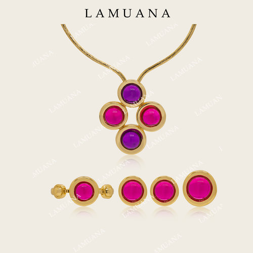 LAMUANA粉红玫媚｜法式复古vintage风格冰透果冻粉球项链耳环戒指