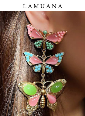 LAMUANA蝴蝶耳饰梦蝶法式复古猫眼石款新款设计感耳钉925银34931