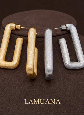 LAMUANA钉砂金几何耳钉复古小众设计感素金色方形百搭耳环96946