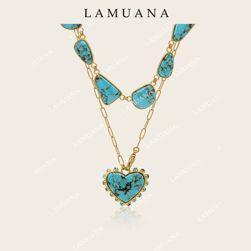 LAMUANA中古风不规则松石叠戴项链复古金爱心小众高级感气质8514