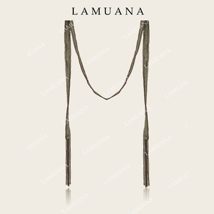 LAMUANA橄榄绿鎏金细项链小众设计感复古流苏窄细丝巾脖巾女88156