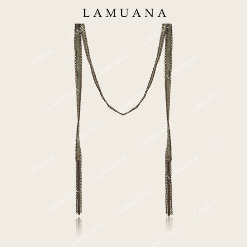 LAMUANA橄榄绿鎏金细项链小众设计感复古流苏窄细丝巾脖巾女88156