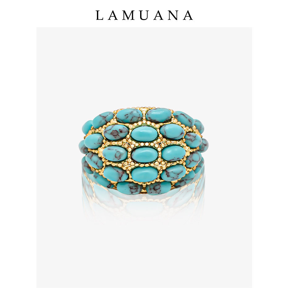 LAMUANA绿松小蓝豆戒指天然石小众设计食指戒女夏日指环金色66475