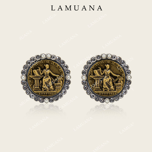 LAMUANA人像古币钻环耳钉复古小众夸张感金银双色耳环耳饰女20030