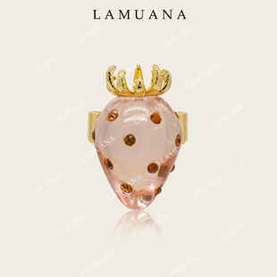 LAMUANA粉红草莓果冻戒指小众设计感水果食指戒装饰戒女金色81102