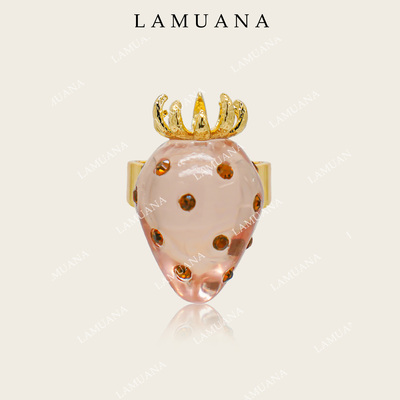 LAMUANA粉红草莓果冻戒指小众设计感水果食指戒装饰戒女金色81102