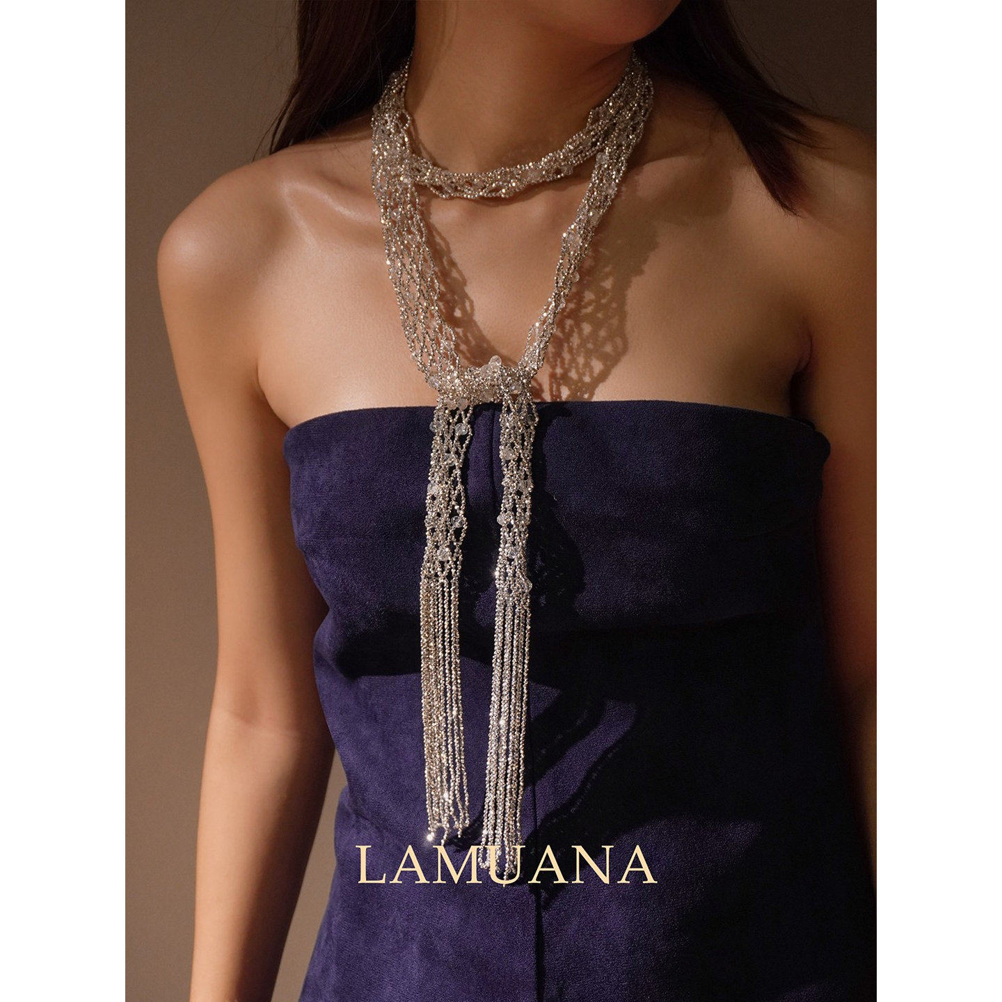 LAMUANA织钻丝巾意大利手工编织丝巾项链复古银色长款锁骨链女