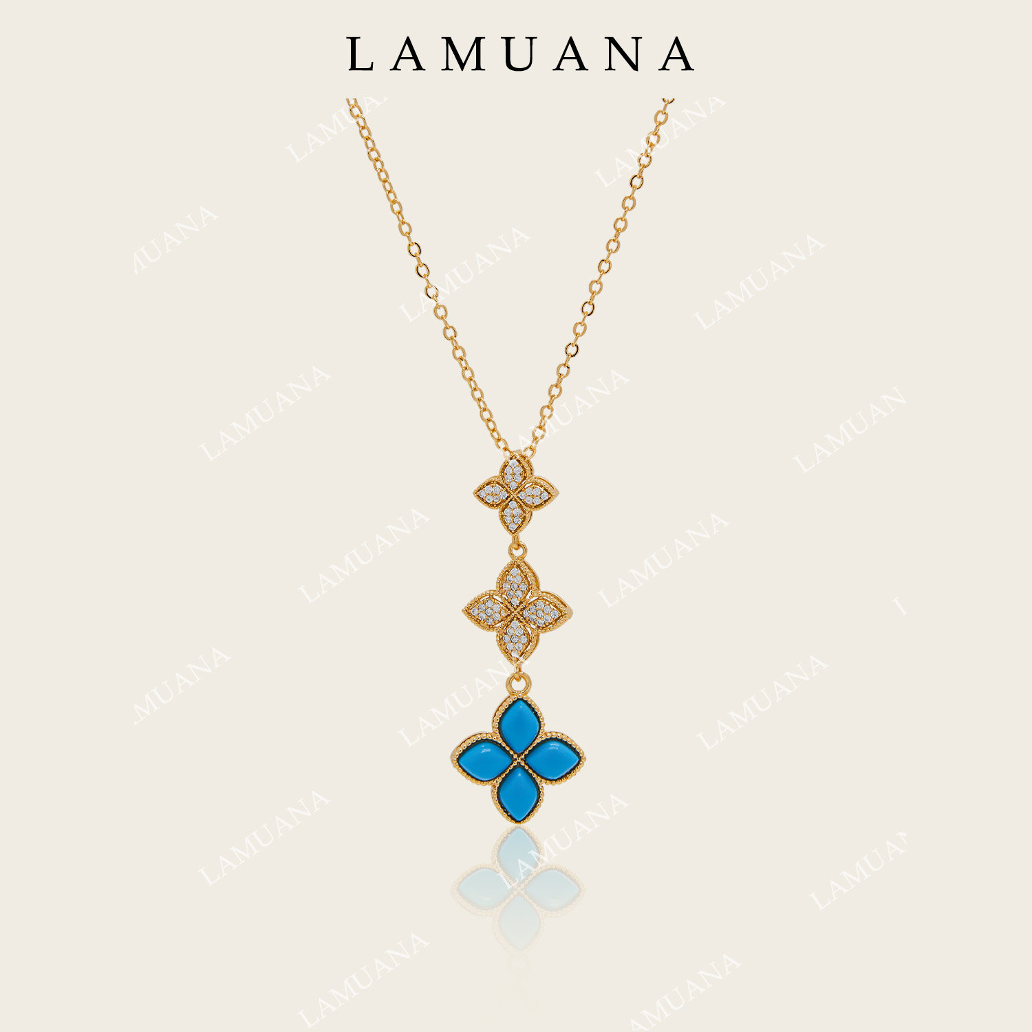 LAMUANA意式古典蓝四叶花｜法式复古奢华人工美松高瓷蓝项链14664