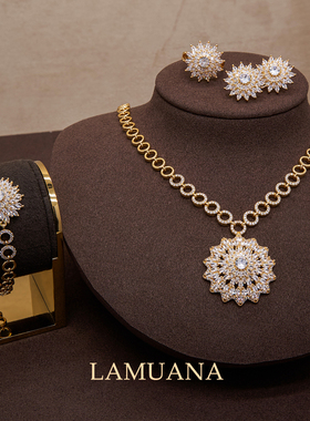 LAMUANA金边花火系列高级设计感金色满钻項鍊耳釘戒指手链套装