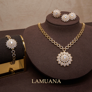 LAMUANA金边花火系列高级设计感金色满钻項鍊耳釘戒指手链套装
