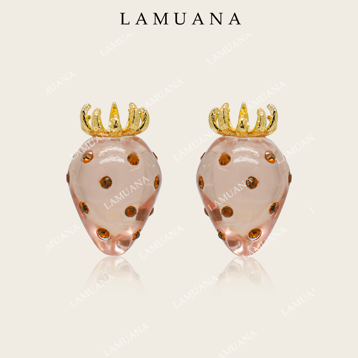 LAMUANA粉红草莓果冻耳钉小众设计感水果耳环可爱耳饰女金色81096