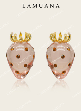 LAMUANA粉红草莓果冻耳钉小众设计感水果耳环可爱耳饰女金色81096
