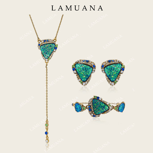 LAMUANA冰花欧泊项链复古小众感人工欧泊海蓝色颈链耳钉手链套装