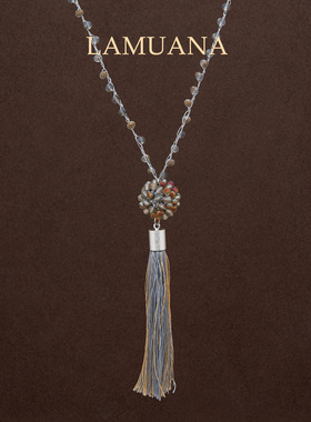 LAMUANA渐变灰球手工编织串珠项链小众设计感复古长款毛衣链88590