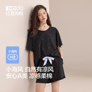 薄款 凉感夏季 宽松休闲慵懒风外穿A类家居服 短裤 红豆女士睡衣短袖