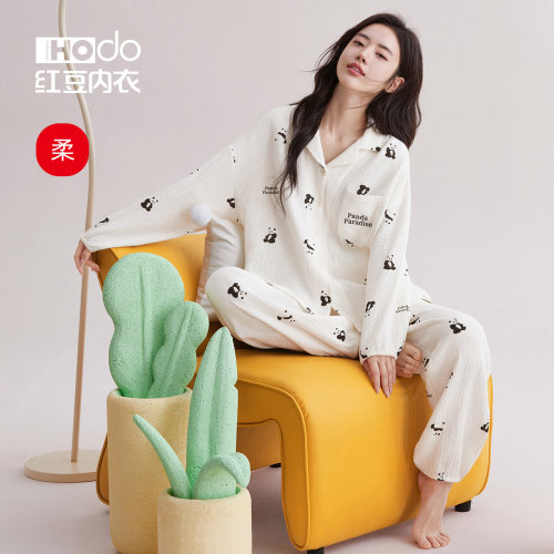 红豆女居家服清凉透气纯棉双层纱
