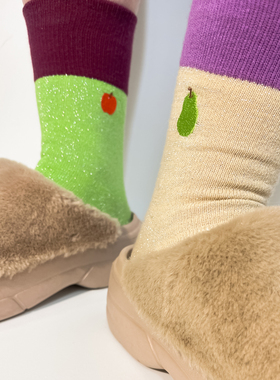 faint 原创水果刺绣袜 彩色闪闪袜 拼色中筒棉袜 可爱袜子