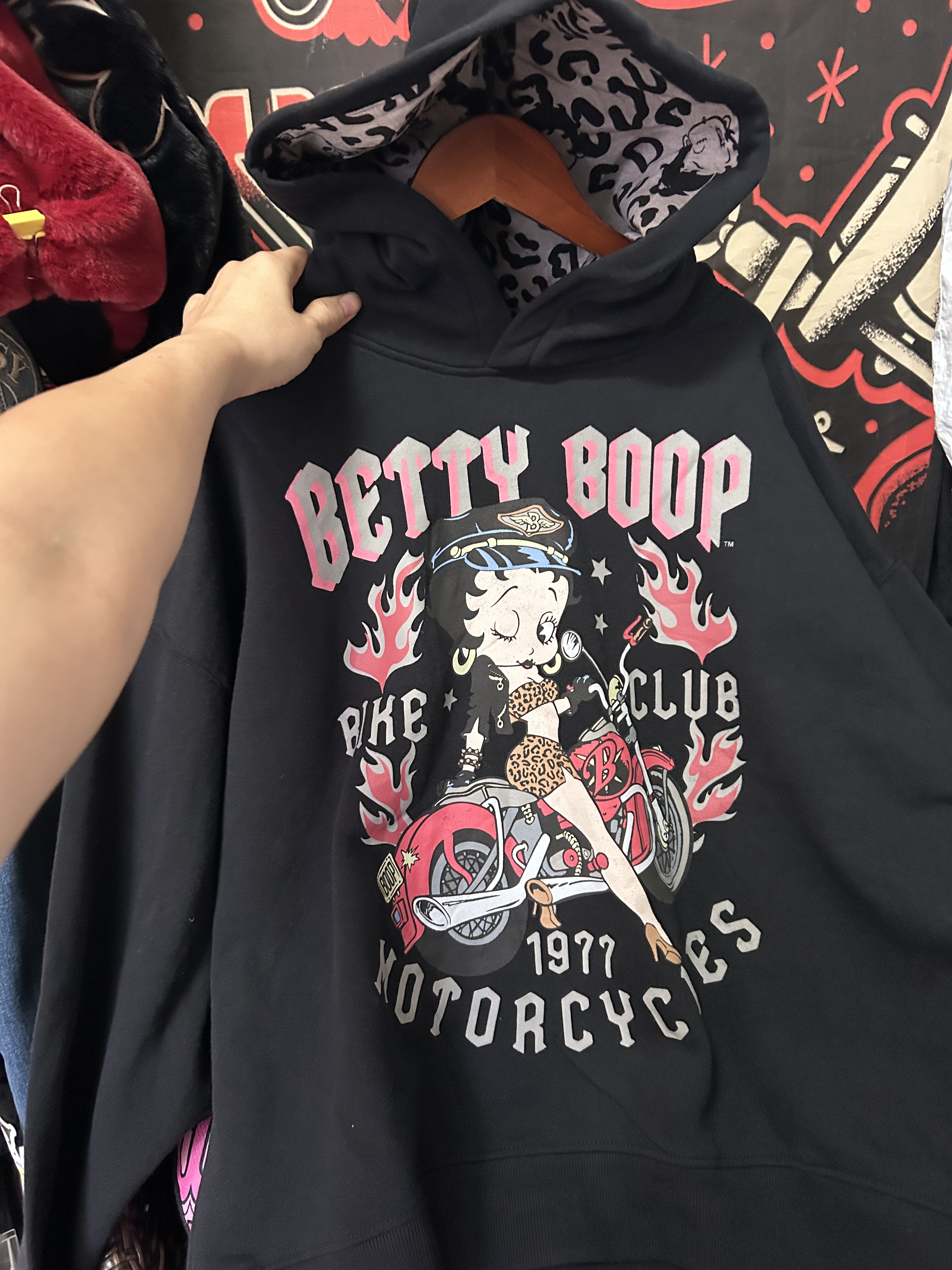 外贸原单欧美复古宽松大版卡通印花贝蒂bettyboop抓绒卫衣帽衫
